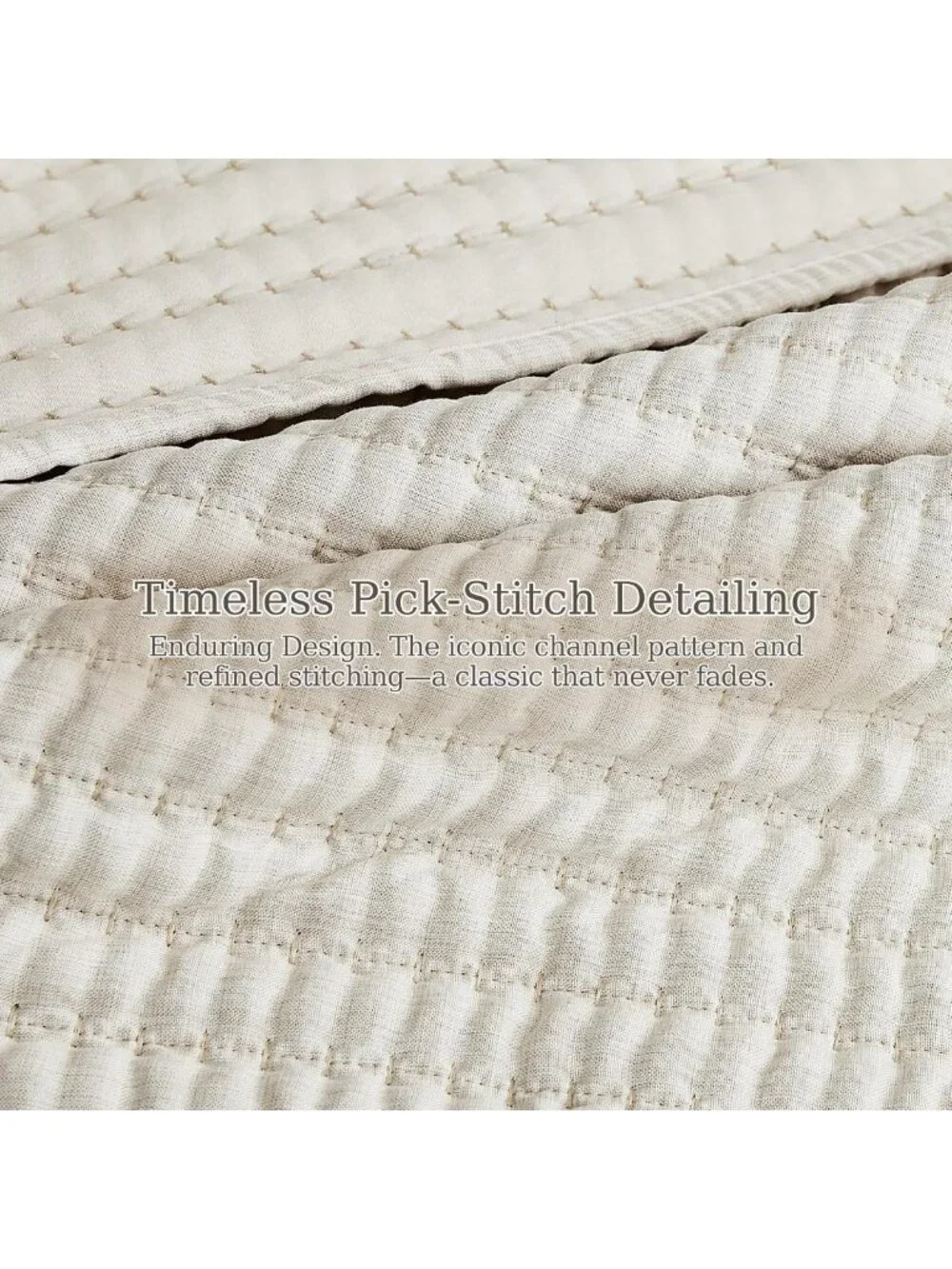 Beige Pick Stitch Queen Quilt Set - Lightweight Striped Summer Bedspread, Rustic